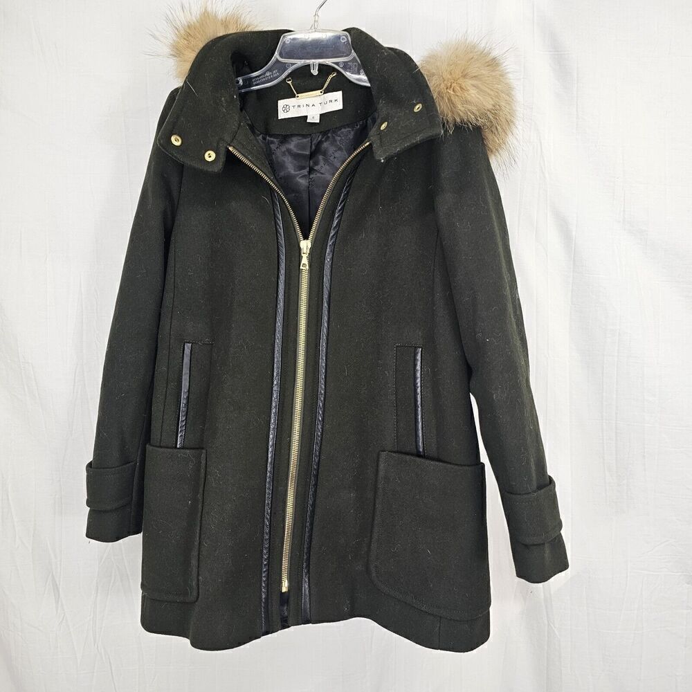 TRINA TURK WOMEN’S SIZE 6 OLIVE GREEN WOOL PEACOAT LEATHER TRIMMED ACCENTS